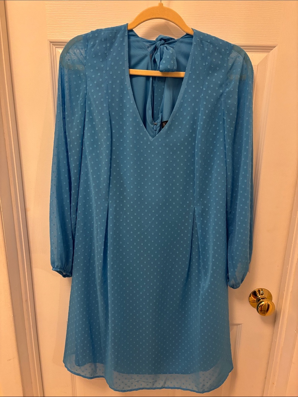 INC International Concepts Sky Blue Swiss Dot V-Neck Long Sleeve Dress
